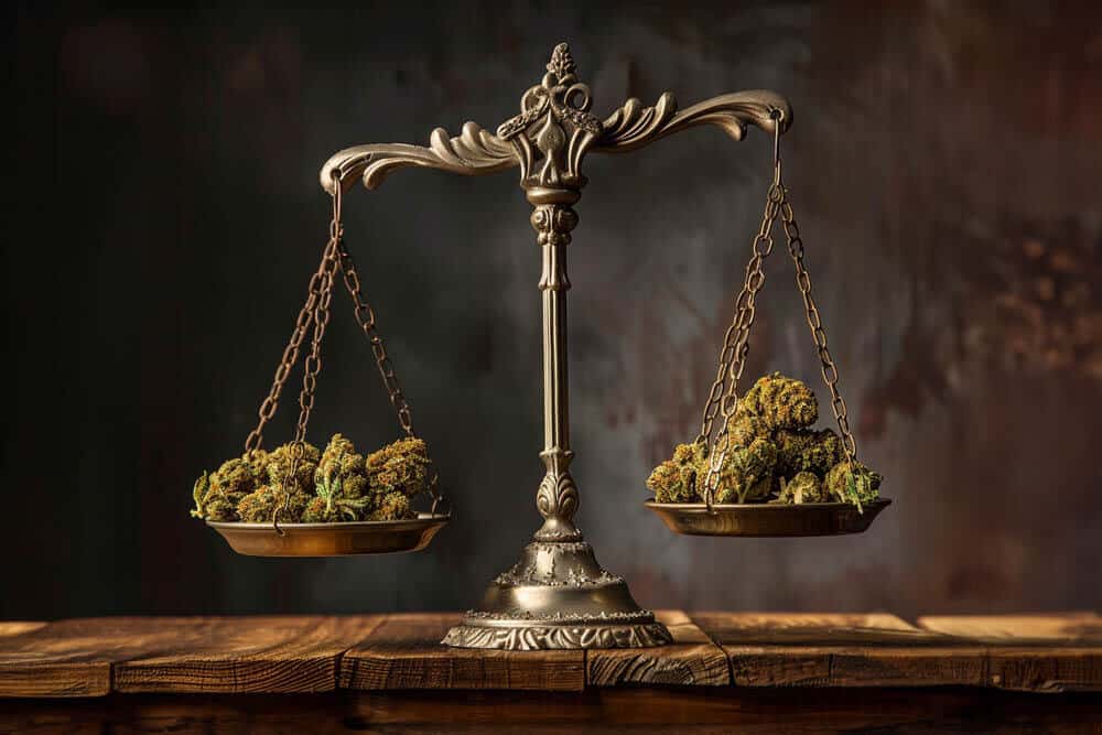justice scale with cannabis buds