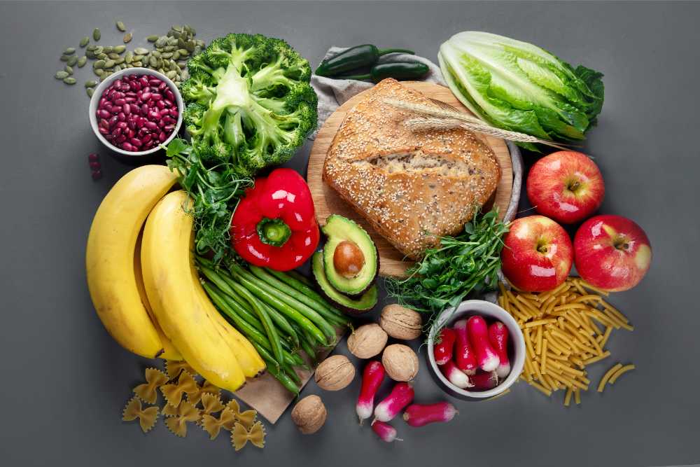 overhead shot of table filled with whole foods