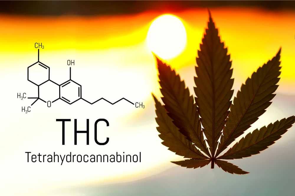 delta 9 thc chemical structure with sunset and hemp leaf