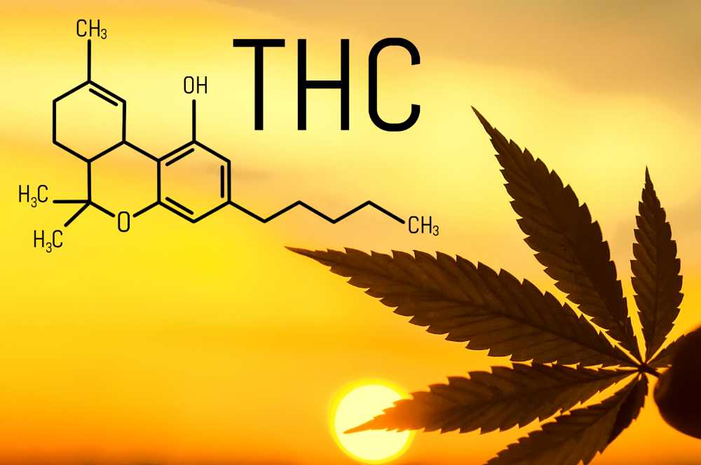 thc chemical structure with cannabis leaf