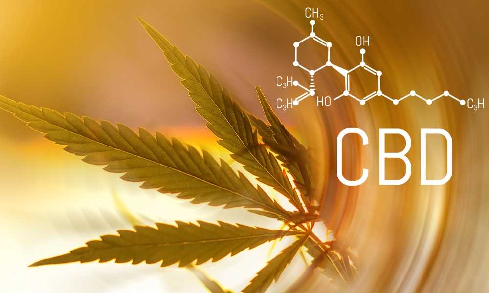 cbd chemical structure with golden haze and hemp leaf