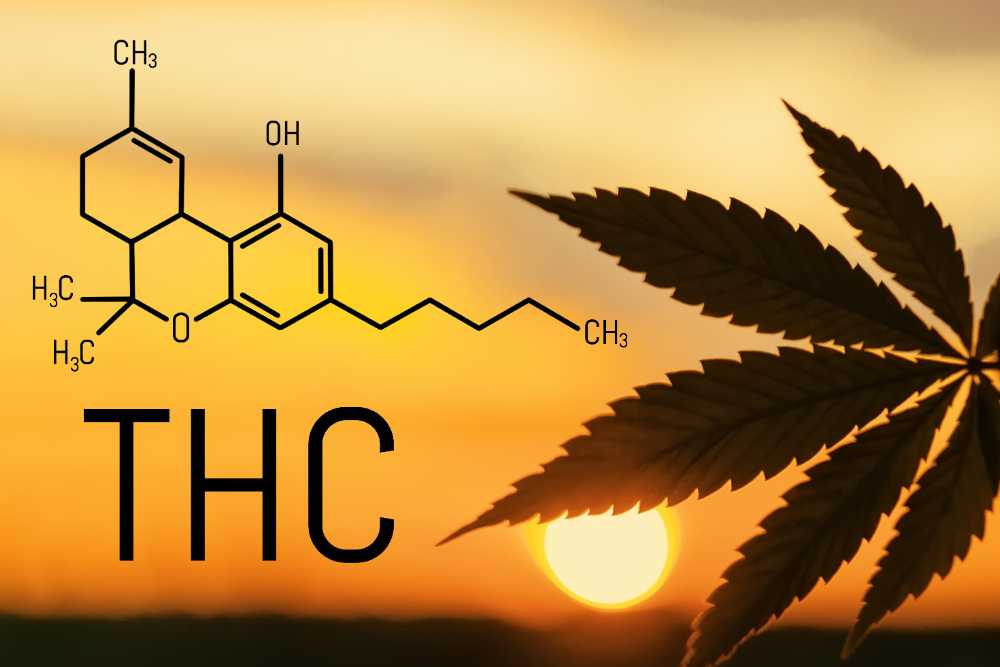 thc chemical formula with hemp leaf and sunset