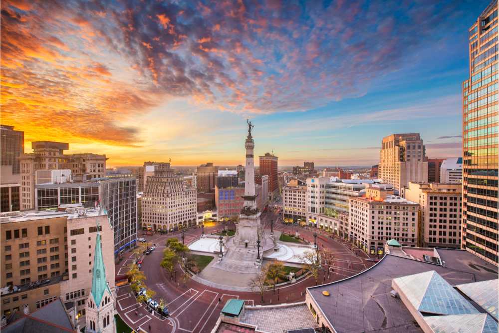 indianapolis skyline at sunset fish eye view