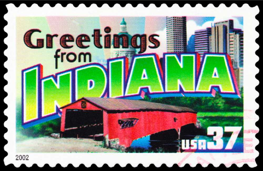 greetings from indiana stamp colorful green font