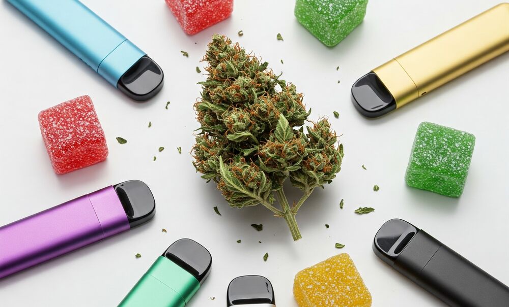 cannabis bud surrounded by disposable vapes gummy cubes