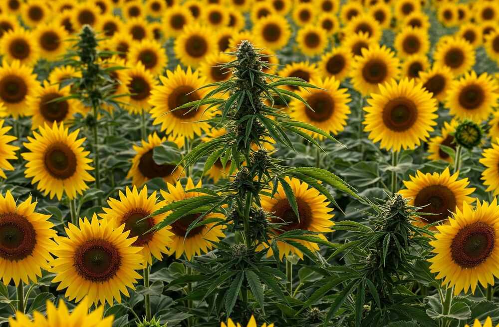 field of sunflowers with few cannabis plants rising