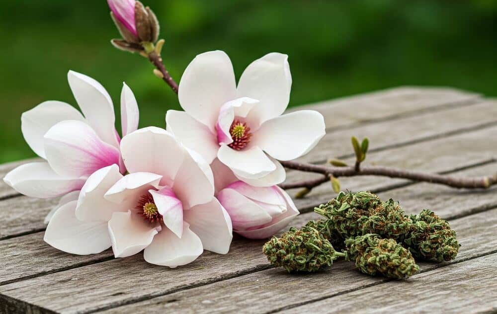 magnolia flowers and cannabis buds on wooden table