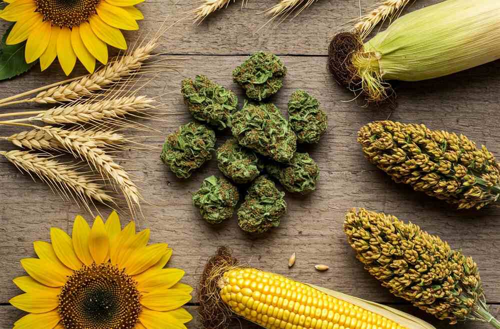 overhead shot of corn sunflowers cannabis and sorghum