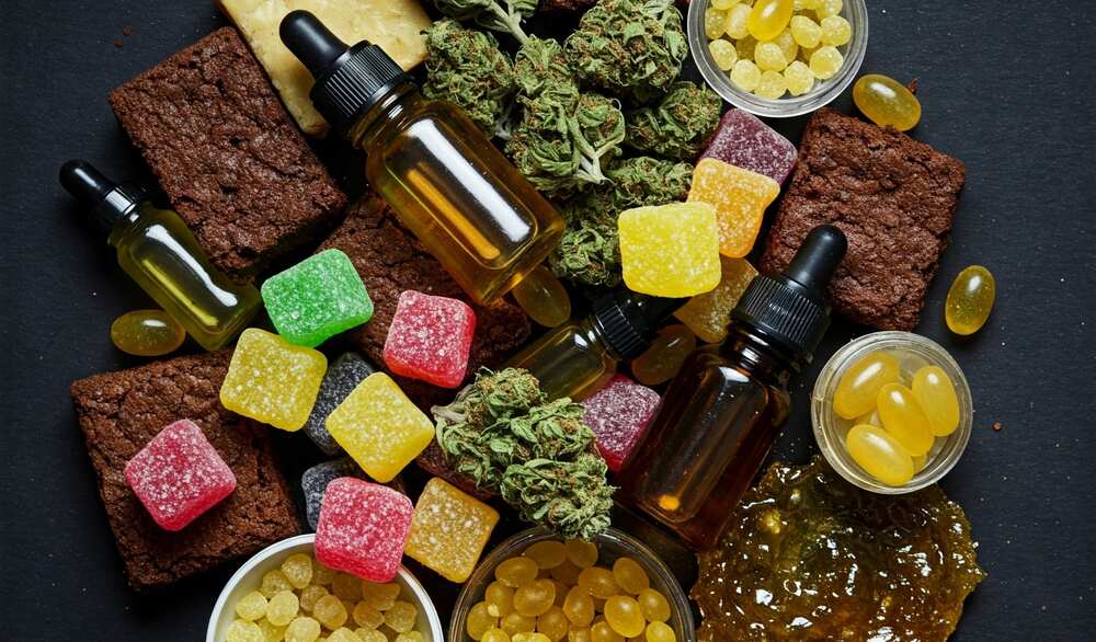 pile of cannabis products vapes flower oil concentrates gummies edibles softgels