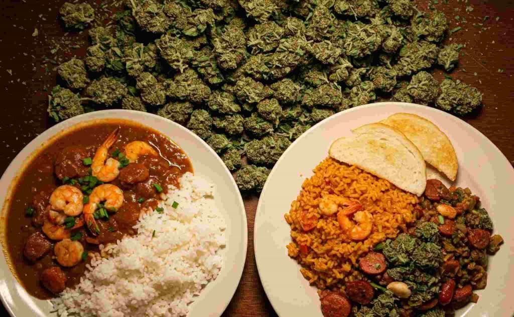 plate of gumbo jambalaya surrounded by cannabis flower