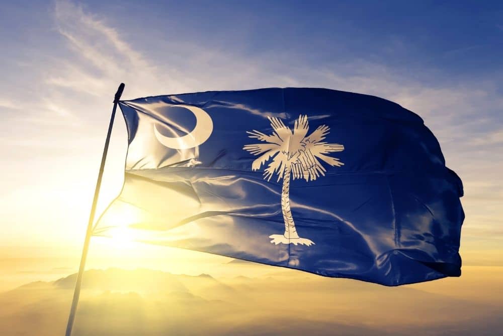 south carolina state flag billowing at sunrise